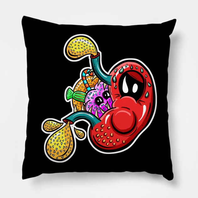 Stomach Overeating! Cartoon Pillow by Squeeb Creative