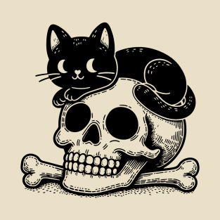 Black cat lay on the skull T-Shirt