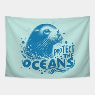 Protect the Oceans - Sea lion blue Tapestry