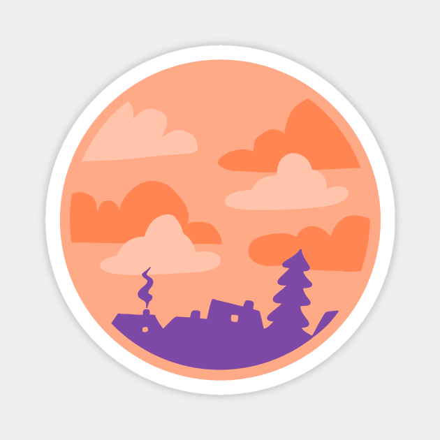 An orange sunset mit purple houses abstract design in a circle (round) Magnet by loulou-artifex