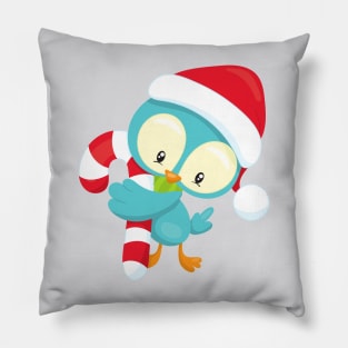 Christmas Bird, Cute Bird, Santa Hat, Candy Cane Pillow