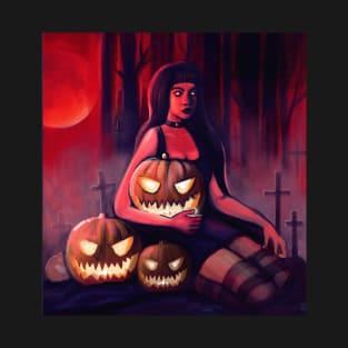 Young cute witch with Halloween Pumpkins T-Shirt