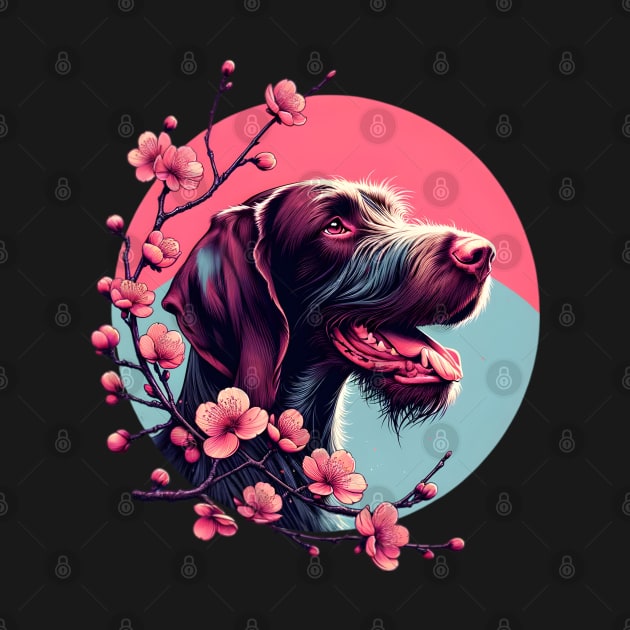 Joyful German Wirehaired Pointer Amidst Spring Cherry Blossoms by ArtRUs