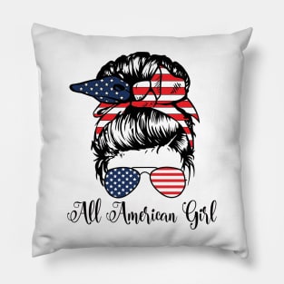 All American Girl 4th Of July Women Messy Bun USA Flag Pillow