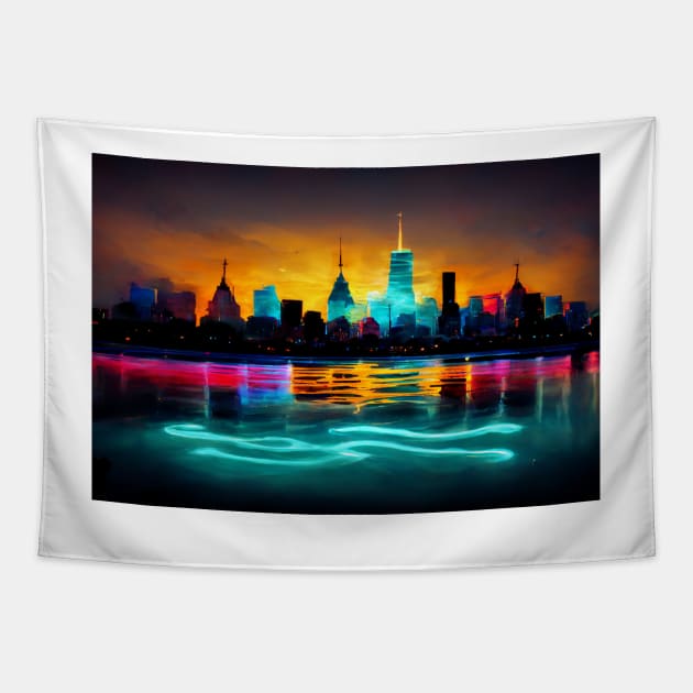 Neon New York City Skyline With Neonlight Buildings / New York City Silhouette Tapestry by Unwind-Art-Work