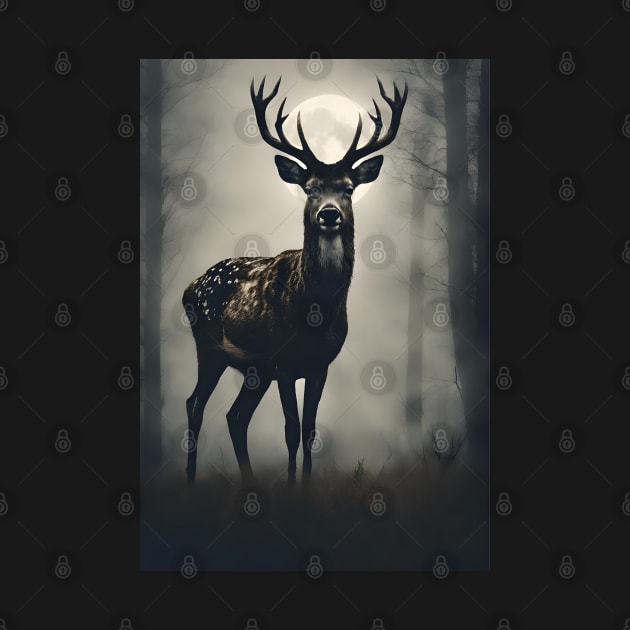 Deer in the Dark Foggy Forest Vintage Art by Art-Jiyuu