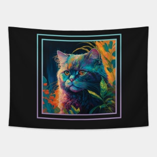 Curious Selkirk Rex Cat Vibrant Tropical Flower Digital Oil Painting Portrait Tapestry