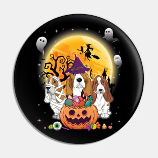 Basset Hound Dog Mummy Witch Moon Ghosts Happy Halloween Thanksgiving Merry Christmas Day Pin