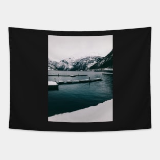 Norwegian Fjord and Surrounding Moutains on Cold Winter Day Tapestry