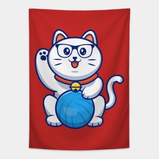 Cute Cat Playing Ball Cartoon (2) Tapestry