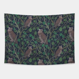 Wise brown owls sits on tree branches Tapestry