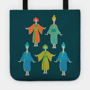 KIMONO LADIES Traditional Japanese Geisha Women in Rainbow Palette Orange Yellow Green Blue Turquoise Teal - UnBlink Studio by Jackie Tahara Tote