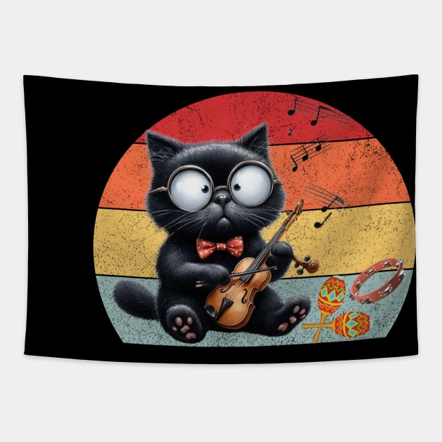 Funny Retro Cat Playing Violin Violinist Tapestry by Positive Designer