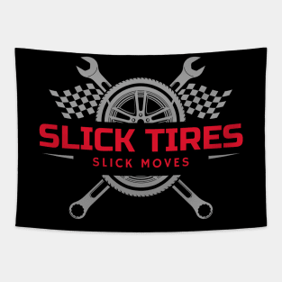 Slick Tires Slick Moves Tire Wrench Checkered Flag Racing Cars Tapestry