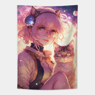 Cute Anime girl with her kawaii cat Tapestry