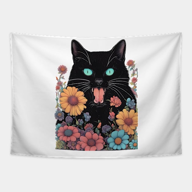 aesthetic black cat floral Tapestry by CAFFEIN