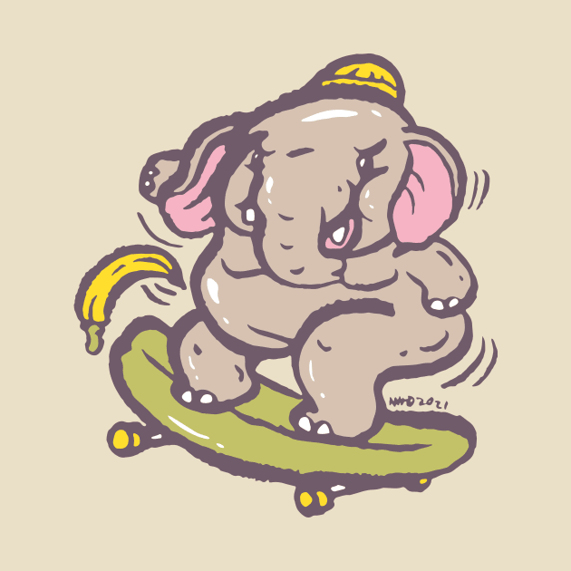 Asian elephant playing surf skate with banana by nokhookdesign