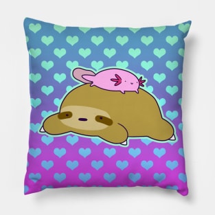 Sloth and Little Axolotl Ombre Hearts Pillow