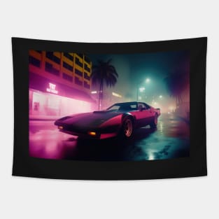 Illustration of an 80s Synthwave Neon cyberpunk supercar Tapestry
