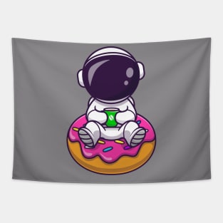 Cute Astronaut With Doughnut And Coffee Cartoon Tapestry