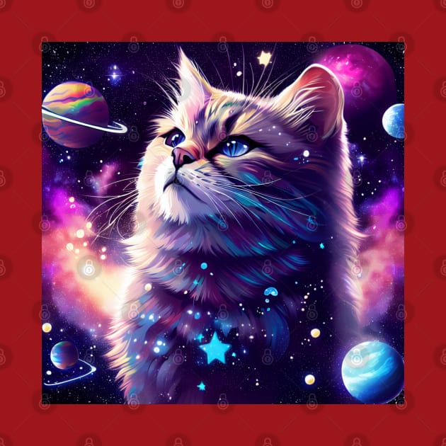 A majestic cat in outer space, surrounded by celestial bodies like stars, planets, and galaxies. by maricetak