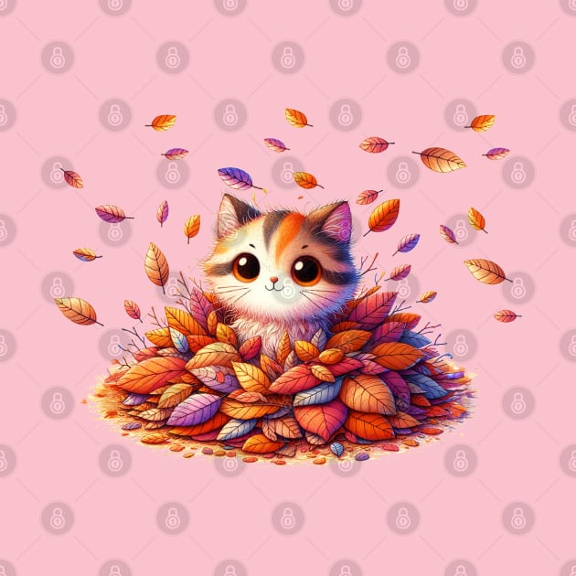 A Cute cat in a pile of leaves by Ketsara