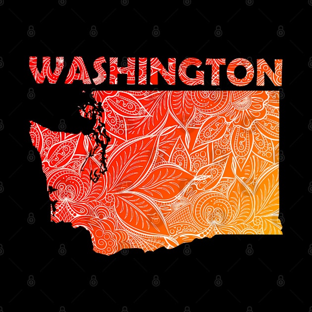 Colorful mandala art map of Washington with text in red and orange by Happy Citizen