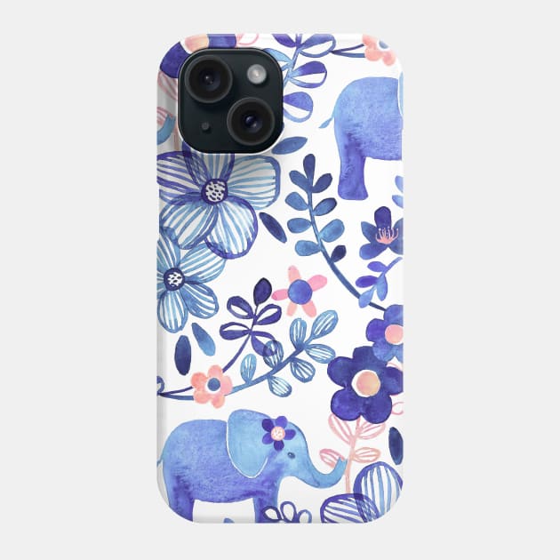 Pale Coral, White and Purple Elephant and Floral Watercolor Pattern Phone Case by micklyn