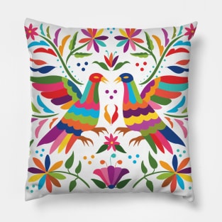 Mexican Otomí Birds. Colorful and floral composition by Akbaly Pillow