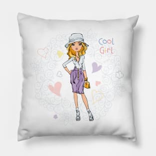 Cute beautiful girl in a skirt and hat Pillow