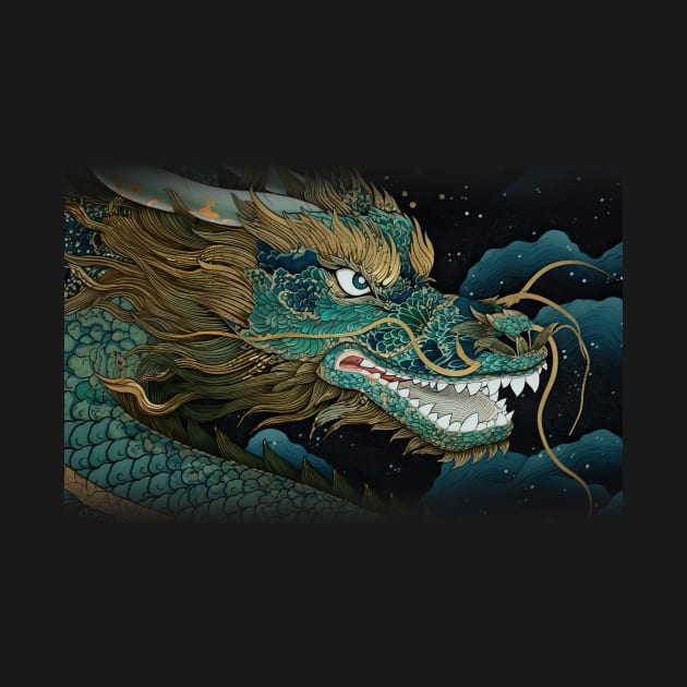 Ukiyo-e Japanese Art - Fantasy Green Dragon by allovervintage