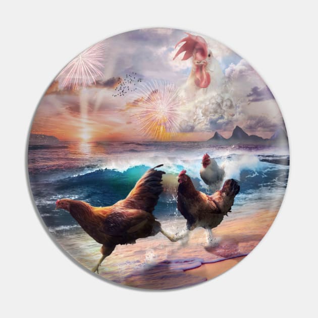 Beach Ocean Chickens, Clouds Spirit Chicken, Funny Majestic Pin by Random Galaxy