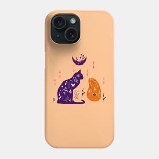 Magical illustration with pumpkin, moon, black cat Phone Case