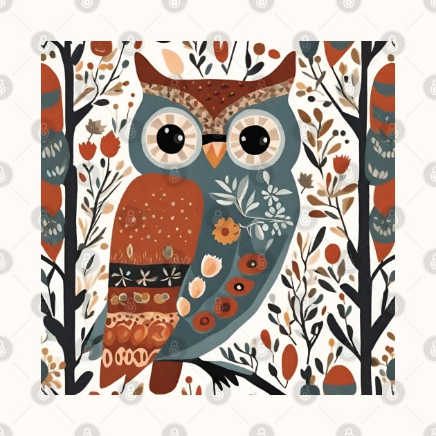 Forest Woodland Animal Scandinavian Folk Art Owl by Tina