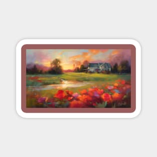 Farmhouse and field of poppies at sunset Magnet