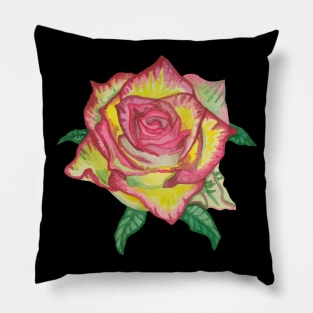 Pink yellow rose with green leaves Pillow
