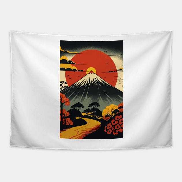 Japanese Volcano Sunset Tapestry by JigglePeek