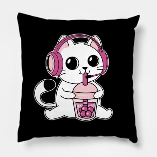 Gamer Cat Drinking Bubble Tea Pillow