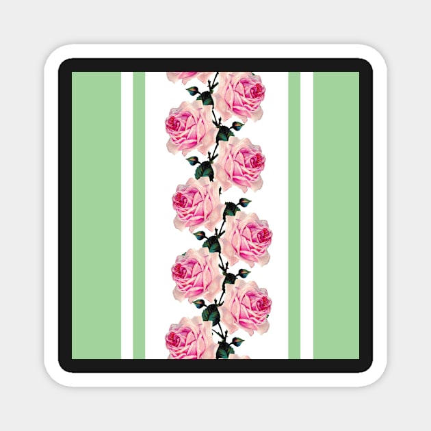 Pink vintage roses and green stripes Magnet by bettyretro