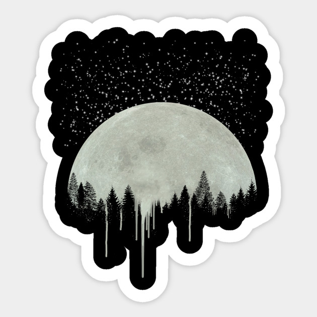 Full Moon Art, Forest Trees Silhouette, Dripping Paint, Gray, Gift Idea, For her, For Him, Moon Phases, Stary Night, Stars - Moon - Sticker
