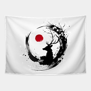 Sumie Enso Japanese Brushstroke Floral Deer Antlers Tapestry