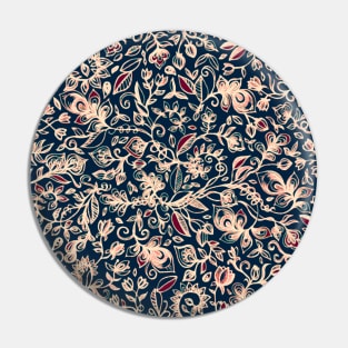 Navy Garden - floral doodle pattern in cream, dark red & blue Pin