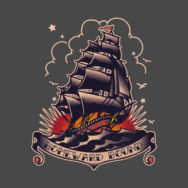 Traditional Tattoo Ship and sunset Homeward Bound by BOEC Gear
