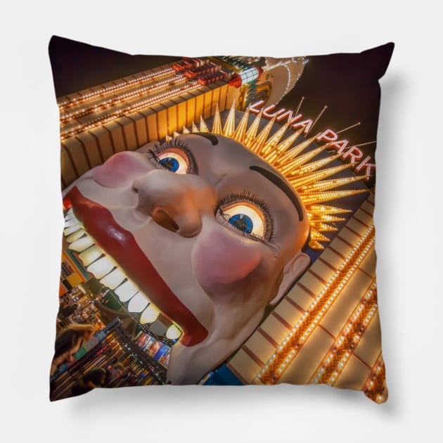 Luna Park Face at Night, Sydney, NSW, Australia Pillow by Upbeat Traveler