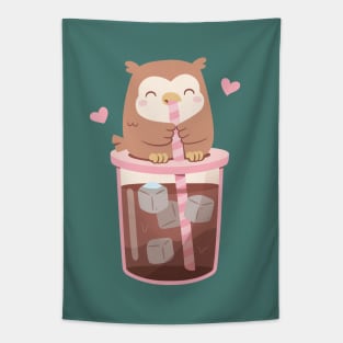 Cute Little Owl Enjoying Iced Coffee Tapestry