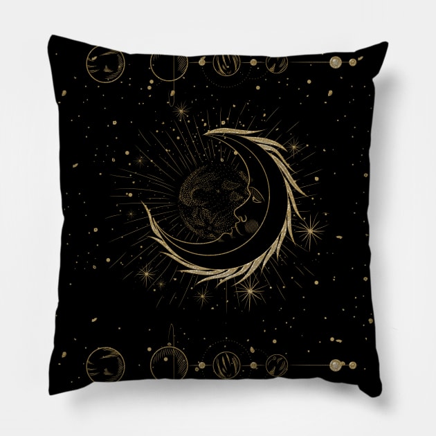 Elegant golden moon with stars Pillow by Nicky2342