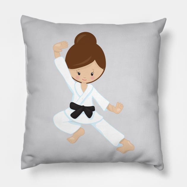 Karate Girl, Cute Girl, Black Belt, Brown Hair Pillow by Jelena Dunčević