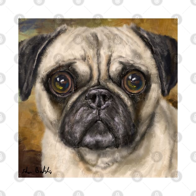 Adorable Pug Painting on Yellow - Mustard Background by ibadishi