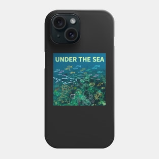 under the sea,blue sea,sea creatures,Turtle, puffer fish, starfish, shrimp, shark, tropical fish, sea horse, seaweed, sardines, squid, crabs, clams Phone Case