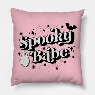 Goth Girl Spooky Babe with Spiderwebs and Kawaii Ghost Pillow